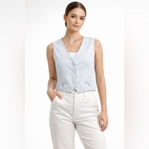 Lizsport Blue White Striped Button Front Vest Women’s Size 4 Linen Blend